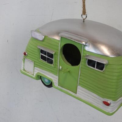 Spoontiques Wooden Bird House, Green Camping Trailer