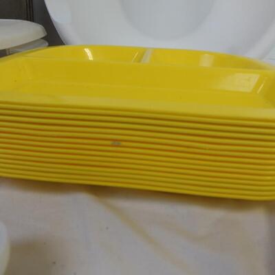 16 pc Kitchen: Yellow Divided Plates, Glass Cups, Popsicle Maker, Plastic Bowl