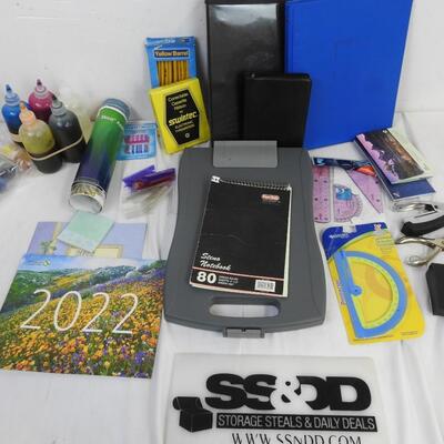 Office Lot: Protractors, Binders, Calendars, Pencils, Ink