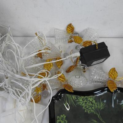 9 pc Christmas Decor: Wreath, Tissue Paper, Metal Platter, Angel Lights