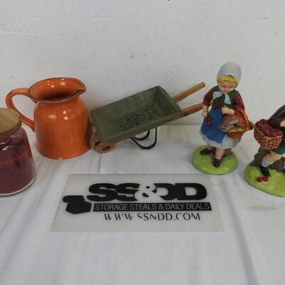 2 Ceramic Apple Picker Statues, DÃ©cor Wheelbarrow, Orange Pitcher, Red Candle