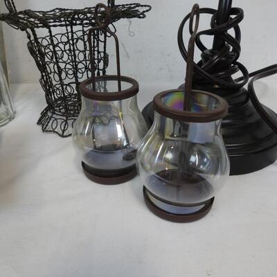 Desk Lamp, Red Candle, DÃ©cor Bottles, Metal Basket, Christian Quote and Picture