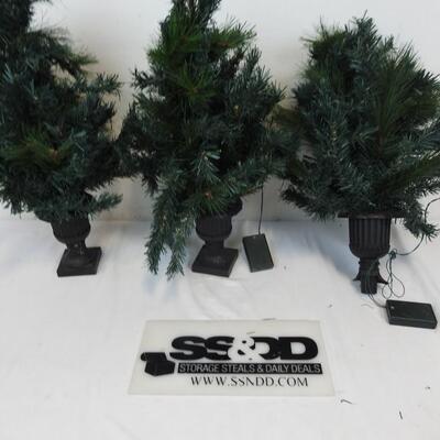 3 Small Christmas Trees, Black Bases, 1 Tree Broken Base, Prelit