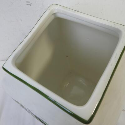 1 Square Glass Jar with Wood Lid, Ceramic Vase with Lid, Green/White with House