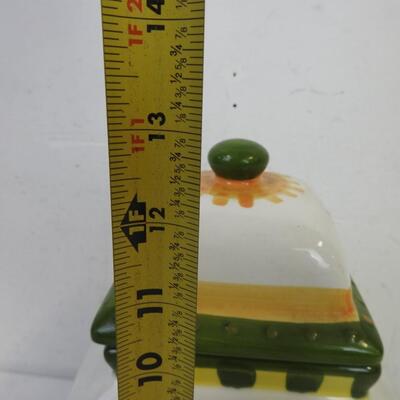 1 Square Glass Jar with Wood Lid, Ceramic Vase with Lid, Green/White with House
