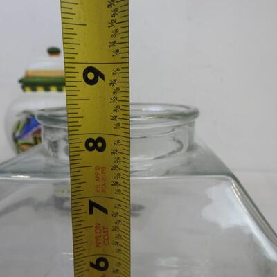 1 Square Glass Jar with Wood Lid, Ceramic Vase with Lid, Green/White with House
