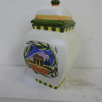 1 Square Glass Jar with Wood Lid, Ceramic Vase with Lid, Green/White with House