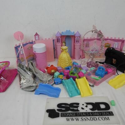 Toy Lot: Princess Castle Background, Shopkins, Kids Size 13 Heels, Black Purse
