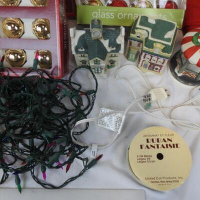 12 pc Christmas: Shiny Glass Ornaments, Light Up Houses, Lights