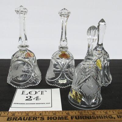 Lot of 4 Vintage Lead Crystal Glass Bells, Etched Images, Nice