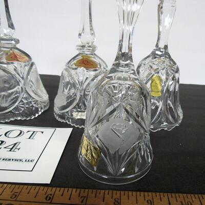 Lot of 4 Vintage Lead Crystal Glass Bells, Etched Images, Nice