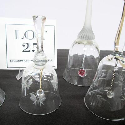 Lot of 5 Pretty Cut Glass Bells, 2 Romania, 1 Hungary, 2 Unmarked, Nice Lot