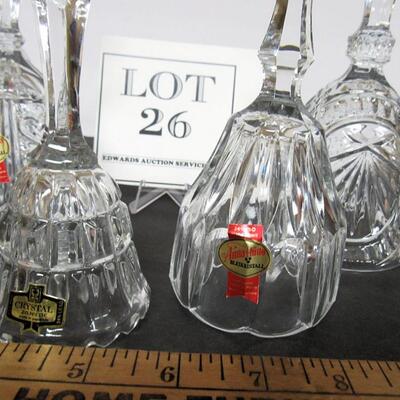 Lot of 5 Lead Crystal Glass Bells, 3 Anna Hutte West Germany, 1 Yugoslovia