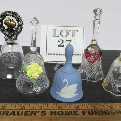 5 Smaller Fancy Bells, 1 Wedgwood, 4 Crystal