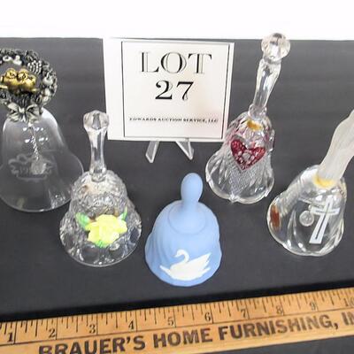 5 Smaller Fancy Bells, 1 Wedgwood, 4 Crystal