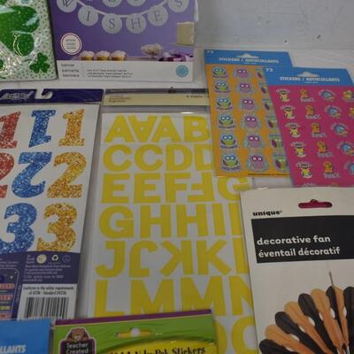 Party Supplies Lot: Stickers, Fan, Confetti, Garland, Plates - New