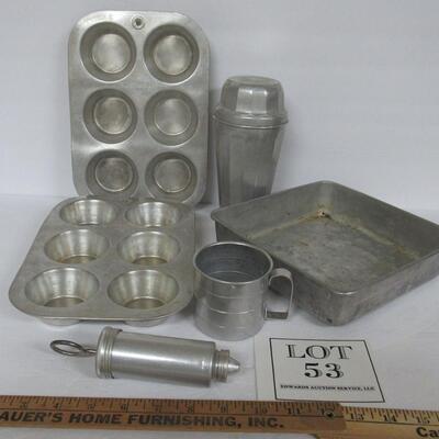 Lot of Vintage Aluminum Ware, Chilton Ware Muffin Tins, 1 Cup Measure, Thompson's Double Malted Milk Shaker, More