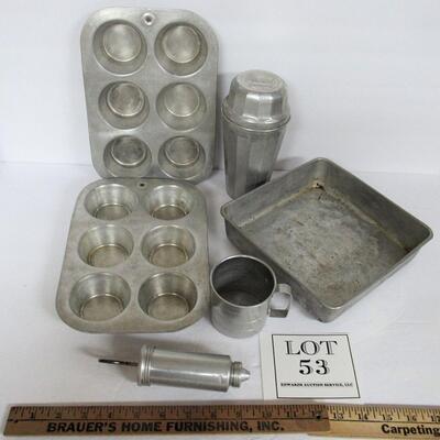 Lot of Vintage Aluminum Ware, Chilton Ware Muffin Tins, 1 Cup Measure, Thompson's Double Malted Milk Shaker, More