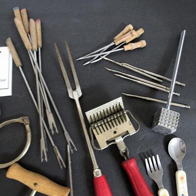 Lot of Vintage Utensils, Nut Picks, Fondu Forks, Thermometer, More