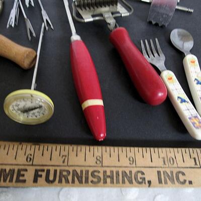 Lot of Vintage Utensils, Nut Picks, Fondu Forks, Thermometer, More