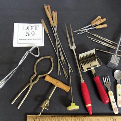 Lot of Vintage Utensils, Nut Picks, Fondu Forks, Thermometer, More