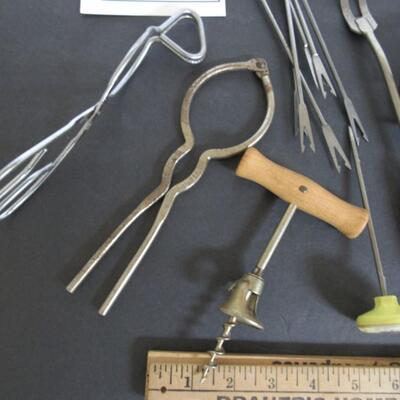 Lot of Vintage Utensils, Nut Picks, Fondu Forks, Thermometer, More