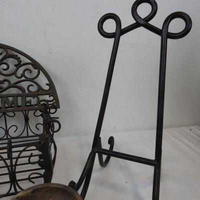 Decor Lot: Metal Basket, Two Welcome Signs, Bookstand, Candle Holder