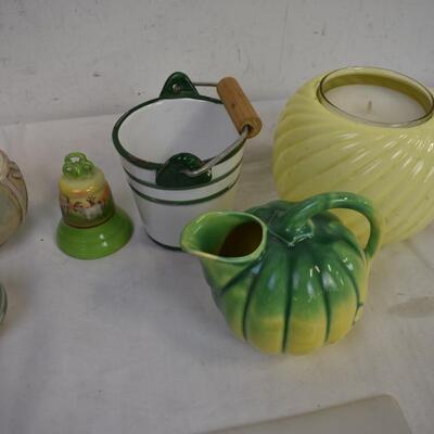 8 pc Decor: Candles, Garden Candle Set,  Pitcher, Bucket, Soap Dispenser, etc