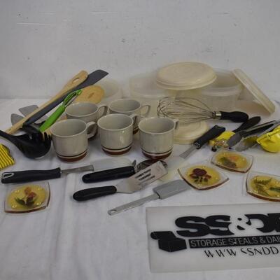 Kitchen Lot, Tupperware, Glass Mugs, Spatulas, Pizza Cutters, Tongs, etc