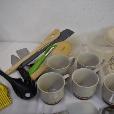 Kitchen Lot, Tupperware, Glass Mugs, Spatulas, Pizza Cutters, Tongs, etc