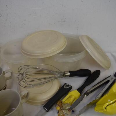 Kitchen Lot, Tupperware, Glass Mugs, Spatulas, Pizza Cutters, Tongs, etc