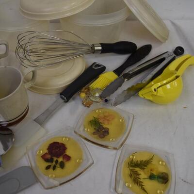 Kitchen Lot, Tupperware, Glass Mugs, Spatulas, Pizza Cutters, Tongs, etc
