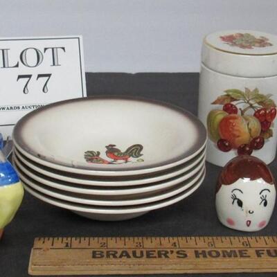 Misc Kitchenware Lot, Figural Shakers and Eggcup, Figural Mug, Metlox Red Rooster Bowls, More