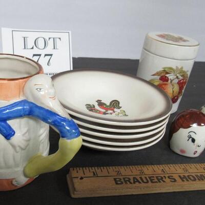 Misc Kitchenware Lot, Figural Shakers and Eggcup, Figural Mug, Metlox Red Rooster Bowls, More