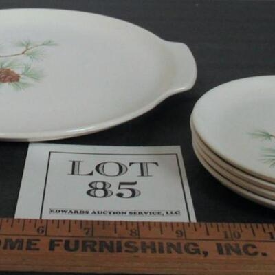 French Saxon China, Pine Cone Pattern, Cake Plate and 4 Small Plates