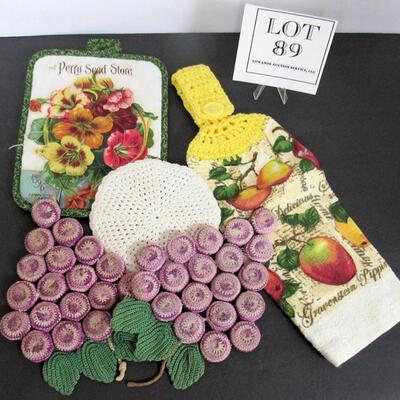 Towel, Pot Holders and Crocheted Bottle Cap Trivel Set