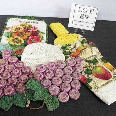 Towel, Pot Holders and Crocheted Bottle Cap Trivel Set