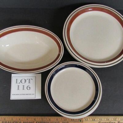 Lot of Stoneware Dishes, Contemporary, Tan, 1 Blue