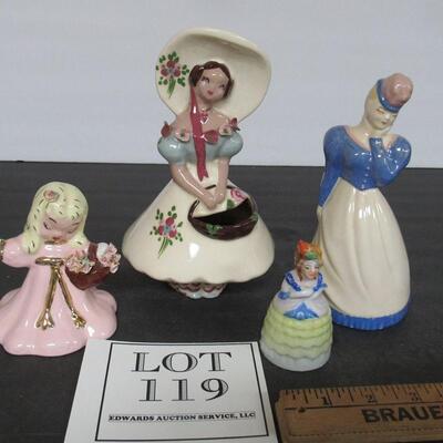 Vintage Figurine Lot: Madison Ceramic Arts Studio Lady, Yona Lady Bud Vase, Tiny Japan Bell, Unmarked Girl