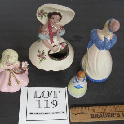 Vintage Figurine Lot: Madison Ceramic Arts Studio Lady, Yona Lady Bud Vase, Tiny Japan Bell, Unmarked Girl