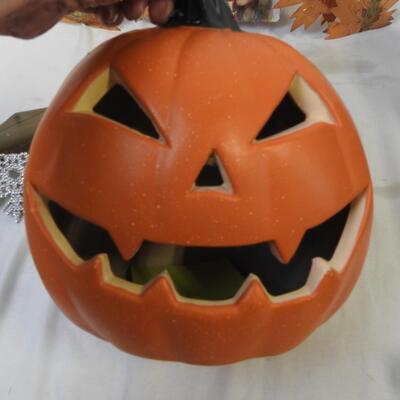 18 pc Halloween Lot:  Wigs, Masks, Sword, Hook, Pumpkins, Brass Leaves, Feathers