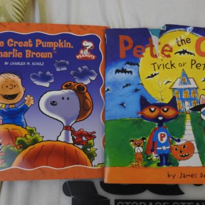 18 pc Halloween Lot:  Wigs, Masks, Sword, Hook, Pumpkins, Brass Leaves, Feathers