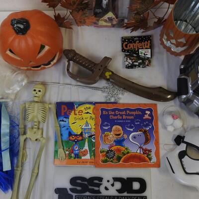 18 pc Halloween Lot:  Wigs, Masks, Sword, Hook, Pumpkins, Brass Leaves, Feathers