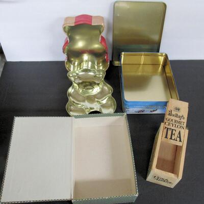 Lot of Boxes, Tin Oreo, Bear, Wood Hedley's Tea, Wire Mail Holder
