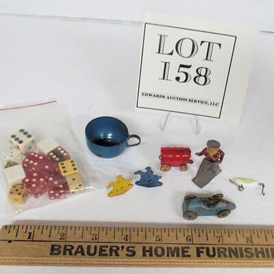 Lot of Vintage Small Toys, Metal Car, Graniteware Cup, Dice, More