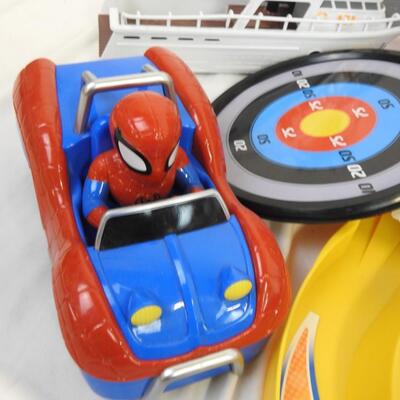 Toys 7 pc: Playskool Skeeball w/ launch pad & ramp, Spiderman w/ car, ferry boat