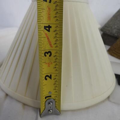 Lamp shades:7 cloth 8 1/2 in, 5 silver, brown & gold beaded:5 in, good condition