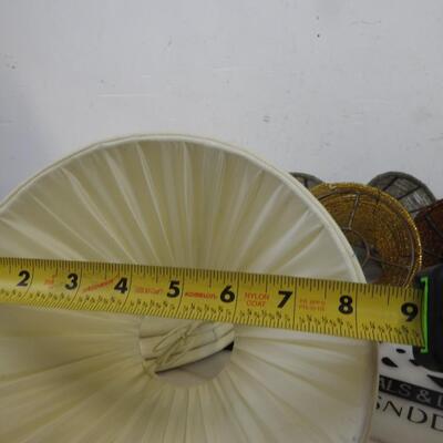 Lamp shades:7 cloth 8 1/2 in, 5 silver, brown & gold beaded:5 in, good condition