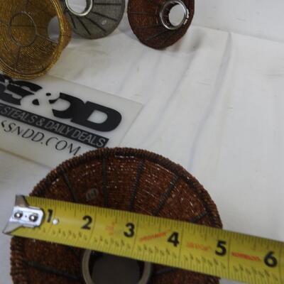 Lamp shades:7 cloth 8 1/2 in, 5 silver, brown & gold beaded:5 in, good condition