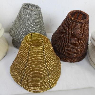 Lamp shades:7 cloth 8 1/2 in, 5 silver, brown & gold beaded:5 in, good condition
